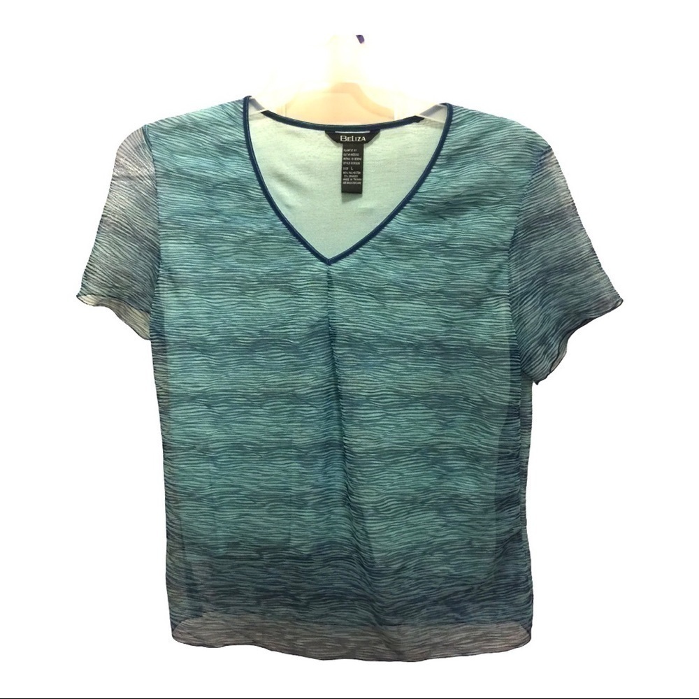 𝅺crop top poly mesh wave pattern overlay lined short sleeve v-neck summer top.